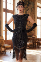 Laden Sie das Bild in den Galerie-Viewer, Dunkelgrünes Rundhals-Mützenärmel mit Perlenpailletten aus den 1920er Jahren Flapper-Kleid mit Fransen