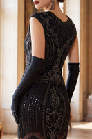 Laden Sie das Bild in den Galerie-Viewer, Dunkelgrünes Rundhals-Mützenärmel mit Perlenpailletten aus den 1920er Jahren Flapper-Kleid mit Fransen
