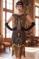 Laden Sie das Bild in den Galerie-Viewer, Dunkelgrünes Rundhals-Mützenärmel mit Perlenpailletten aus den 1920er Jahren Flapper-Kleid mit Fransen