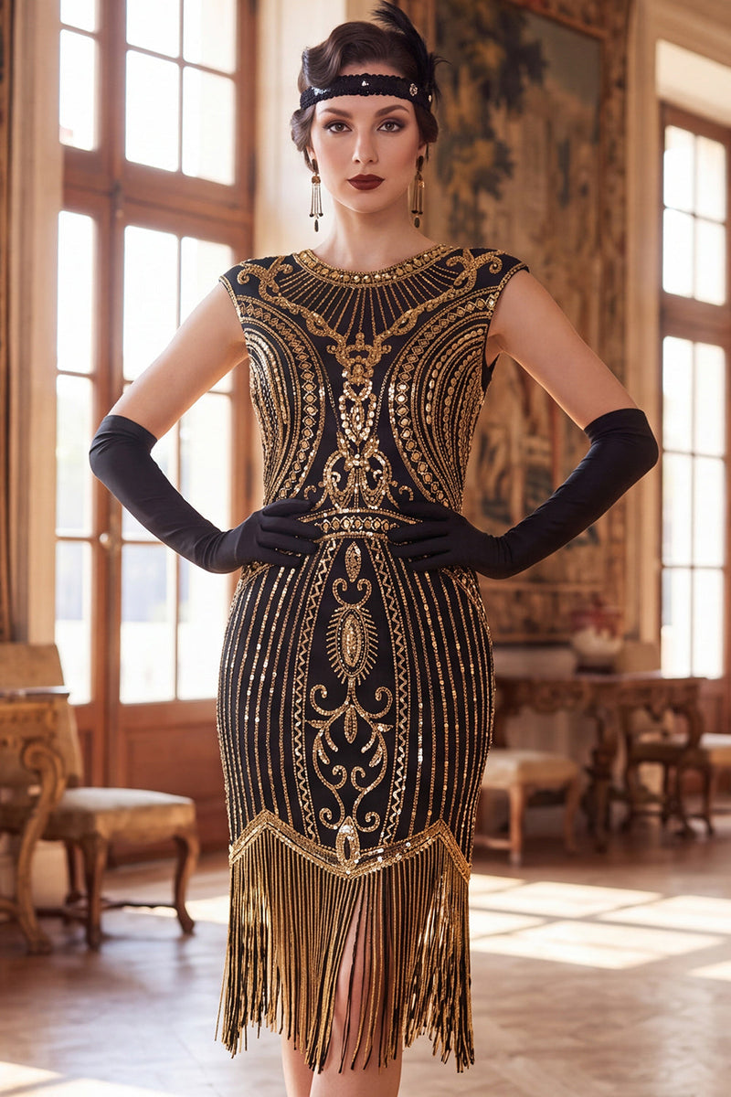 Laden Sie das Bild in den Galerie-Viewer, Dunkelgrünes Rundhals-Mützenärmel mit Perlenpailletten aus den 1920er Jahren Flapper-Kleid mit Fransen