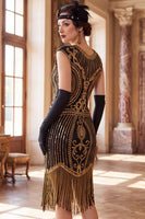 Laden Sie das Bild in den Galerie-Viewer, Dunkelgrünes Rundhals-Mützenärmel mit Perlenpailletten aus den 1920er Jahren Flapper-Kleid mit Fransen