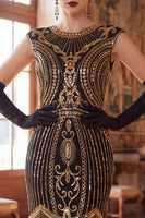 Laden Sie das Bild in den Galerie-Viewer, Dunkelgrünes Rundhals-Mützenärmel mit Perlenpailletten aus den 1920er Jahren Flapper-Kleid mit Fransen