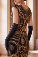 Laden Sie das Bild in den Galerie-Viewer, Dunkelgrünes Rundhals-Mützenärmel mit Perlenpailletten aus den 1920er Jahren Flapper-Kleid mit Fransen
