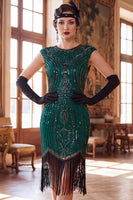 Laden Sie das Bild in den Galerie-Viewer, Dunkelgrünes Rundhals-Mützenärmel mit Perlenpailletten aus den 1920er Jahren Flapper-Kleid mit Fransen