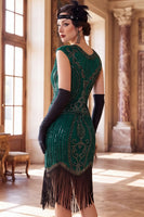 Laden Sie das Bild in den Galerie-Viewer, Dunkelgrünes Rundhals-Mützenärmel mit Perlenpailletten aus den 1920er Jahren Flapper-Kleid mit Fransen
