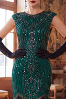 Laden Sie das Bild in den Galerie-Viewer, Dunkelgrünes Rundhals-Mützenärmel mit Perlenpailletten aus den 1920er Jahren Flapper-Kleid mit Fransen