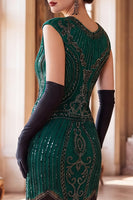 Laden Sie das Bild in den Galerie-Viewer, Dunkelgrünes Rundhals-Mützenärmel mit Perlenpailletten aus den 1920er Jahren Flapper-Kleid mit Fransen