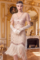 Laden Sie das Bild in den Galerie-Viewer, Aprikosenscheide V-Ausschnitt mit kurzen Ärmeln Pailletten 1920er Jahre Kleid mit Fransen