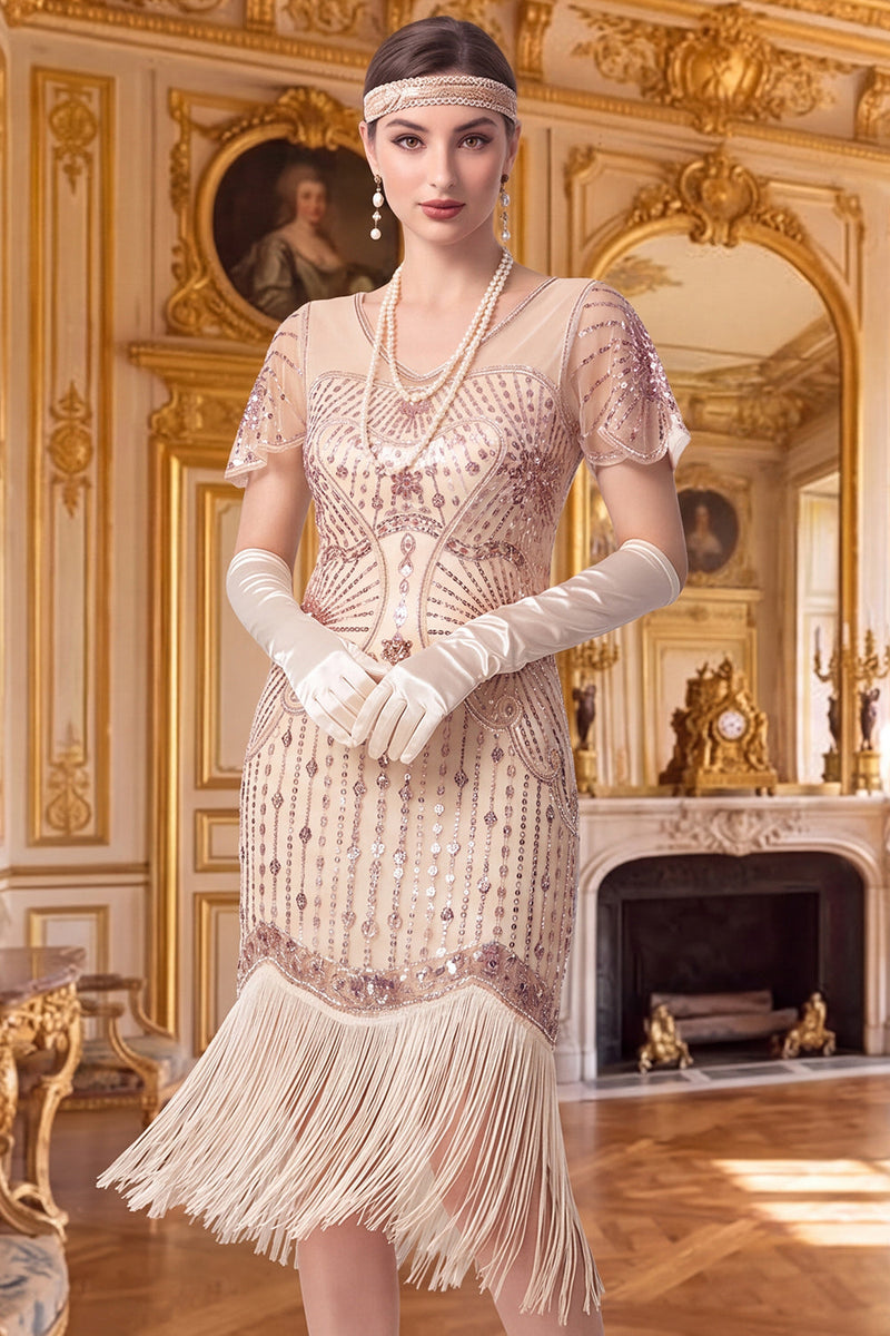 Laden Sie das Bild in den Galerie-Viewer, Aprikosenscheide V-Ausschnitt mit kurzen Ärmeln Pailletten 1920er Jahre Kleid mit Fransen