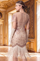 Laden Sie das Bild in den Galerie-Viewer, Aprikosenscheide V-Ausschnitt mit kurzen Ärmeln Pailletten 1920er Jahre Kleid mit Fransen