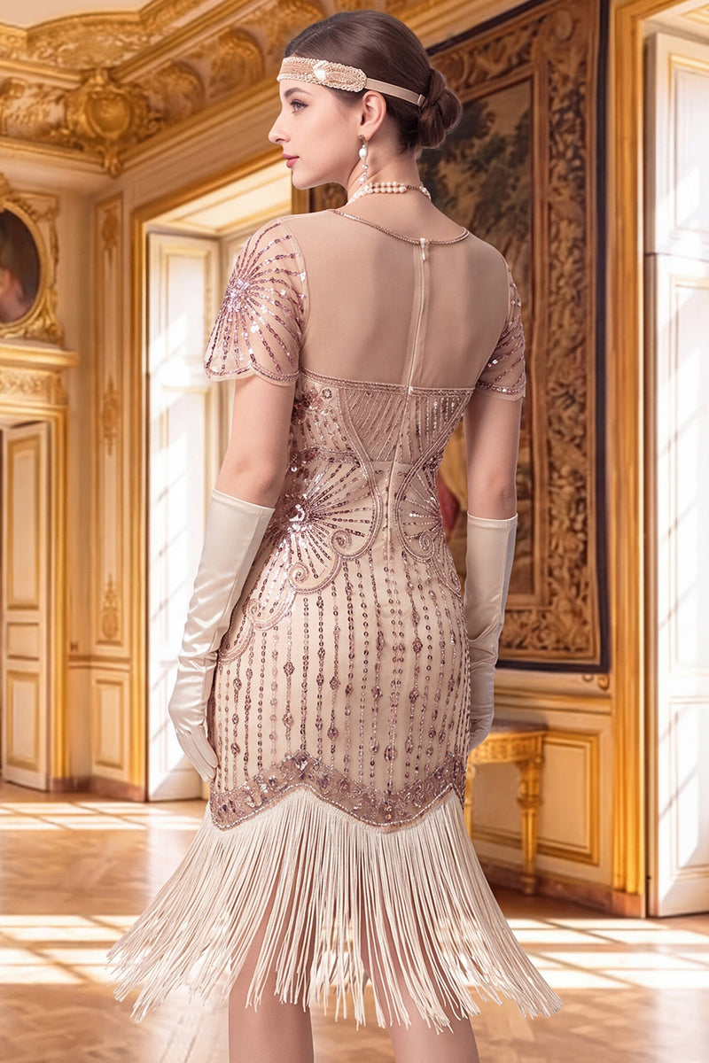 Laden Sie das Bild in den Galerie-Viewer, Aprikosenscheide V-Ausschnitt mit kurzen Ärmeln Pailletten 1920er Jahre Kleid mit Fransen