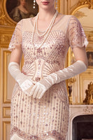 Laden Sie das Bild in den Galerie-Viewer, Aprikosenscheide V-Ausschnitt mit kurzen Ärmeln Pailletten 1920er Jahre Kleid mit Fransen