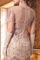 Laden Sie das Bild in den Galerie-Viewer, Aprikosenscheide V-Ausschnitt mit kurzen Ärmeln Pailletten 1920er Jahre Kleid mit Fransen