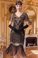 Laden Sie das Bild in den Galerie-Viewer, Aprikosenscheide V-Ausschnitt mit kurzen Ärmeln Pailletten 1920er Jahre Kleid mit Fransen