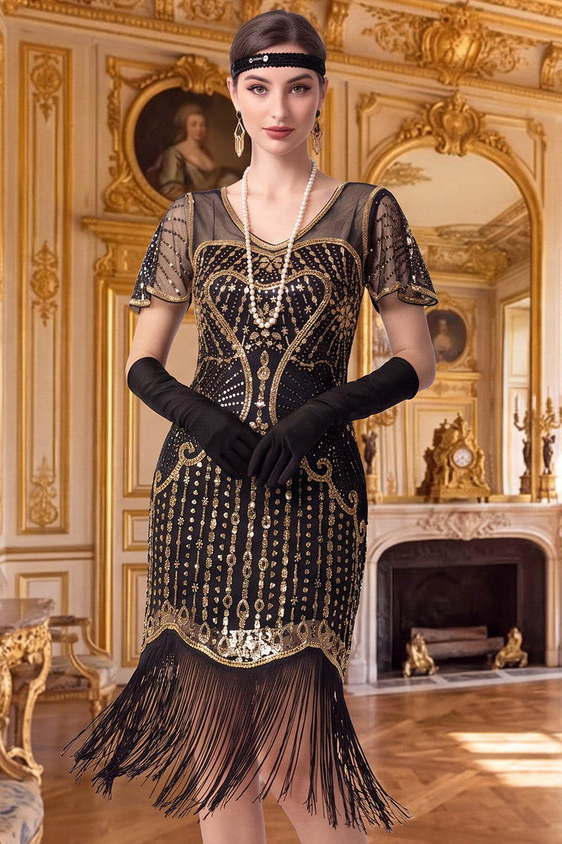 Laden Sie das Bild in den Galerie-Viewer, Aprikosenscheide V-Ausschnitt mit kurzen Ärmeln Pailletten 1920er Jahre Kleid mit Fransen