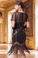 Laden Sie das Bild in den Galerie-Viewer, Aprikosenscheide V-Ausschnitt mit kurzen Ärmeln Pailletten 1920er Jahre Kleid mit Fransen