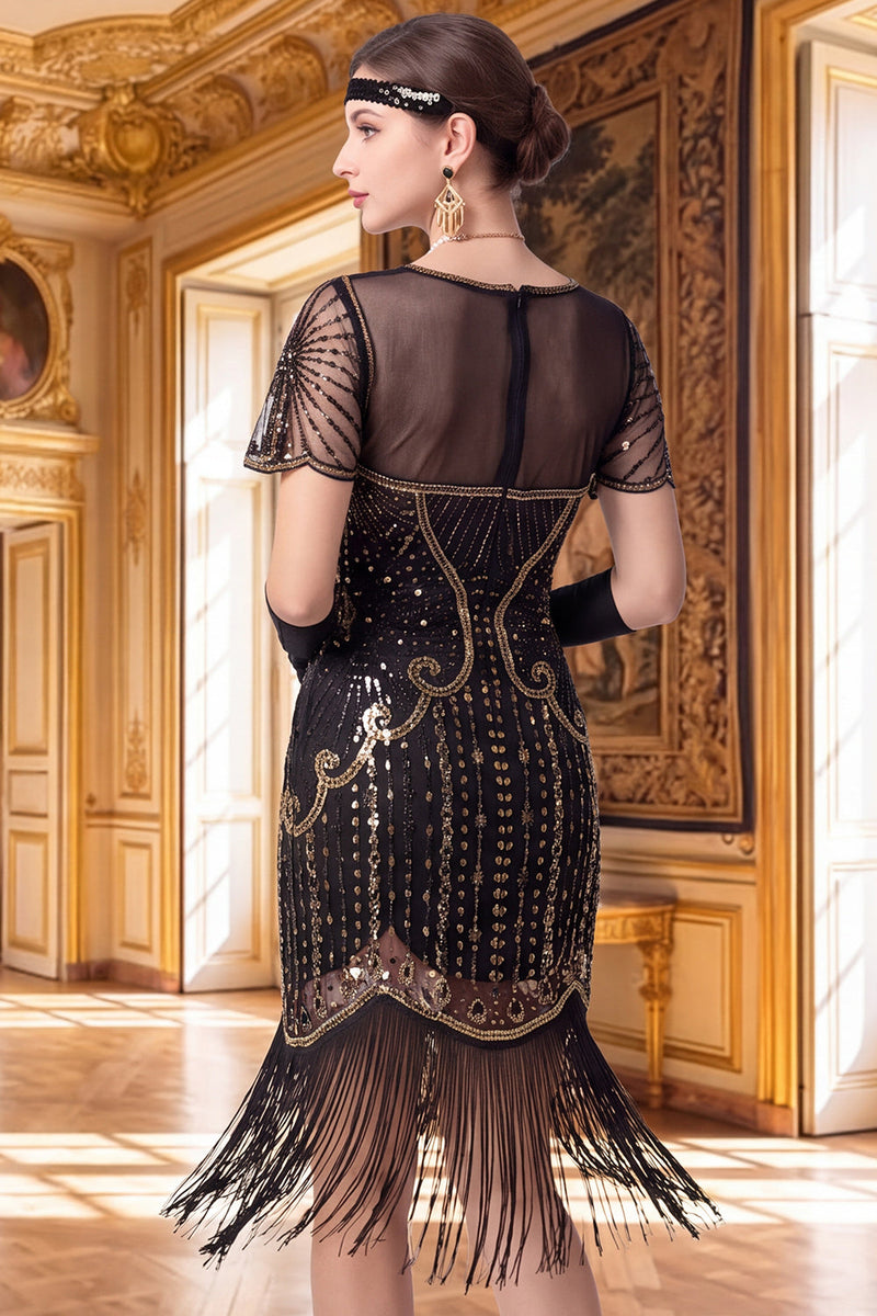 Laden Sie das Bild in den Galerie-Viewer, Aprikosenscheide V-Ausschnitt mit kurzen Ärmeln Pailletten 1920er Jahre Kleid mit Fransen
