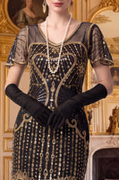 Laden Sie das Bild in den Galerie-Viewer, Aprikosenscheide V-Ausschnitt mit kurzen Ärmeln Pailletten 1920er Jahre Kleid mit Fransen
