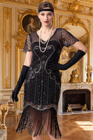 Laden Sie das Bild in den Galerie-Viewer, Aprikosenscheide V-Ausschnitt mit kurzen Ärmeln Pailletten 1920er Jahre Kleid mit Fransen