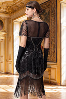 Laden Sie das Bild in den Galerie-Viewer, Aprikosenscheide V-Ausschnitt mit kurzen Ärmeln Pailletten 1920er Jahre Kleid mit Fransen