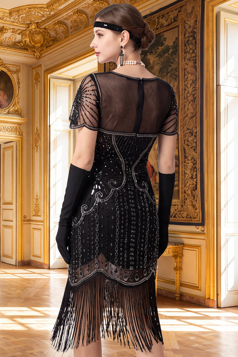 Laden Sie das Bild in den Galerie-Viewer, Aprikosenscheide V-Ausschnitt mit kurzen Ärmeln Pailletten 1920er Jahre Kleid mit Fransen