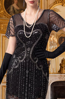 Laden Sie das Bild in den Galerie-Viewer, Aprikosenscheide V-Ausschnitt mit kurzen Ärmeln Pailletten 1920er Jahre Kleid mit Fransen