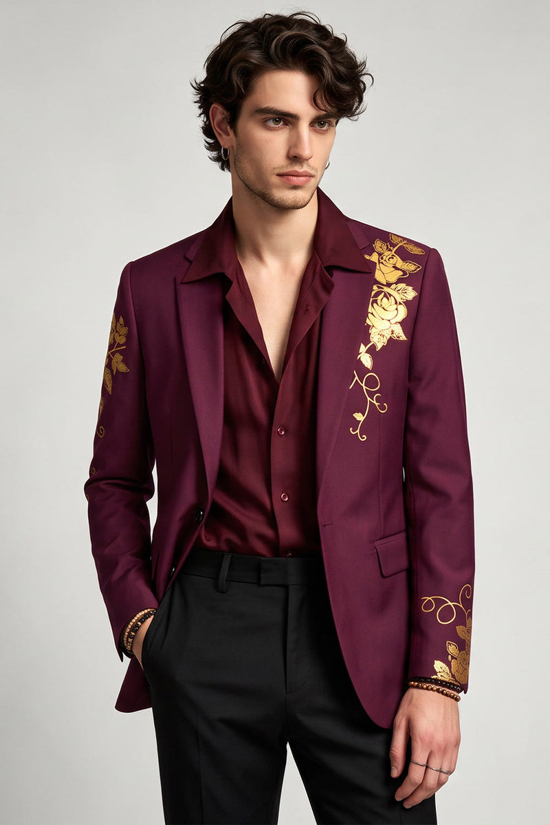 Laden Sie das Bild in den Galerie-Viewer, Notch-Revers-Burgundgrüner Blumenblazer mit einreihiger Herrenabschlussball