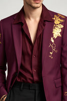 Laden Sie das Bild in den Galerie-Viewer, Notch-Revers-Burgundgrüner Blumenblazer mit einreihiger Herrenabschlussball