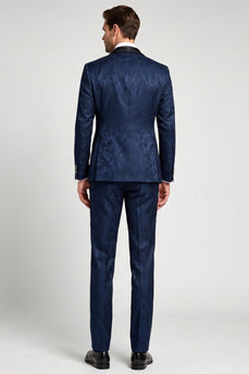 3-teilige, marineblaue Jacquard-Satinschal-Revers einreihige Herrenabschlussballanzüge