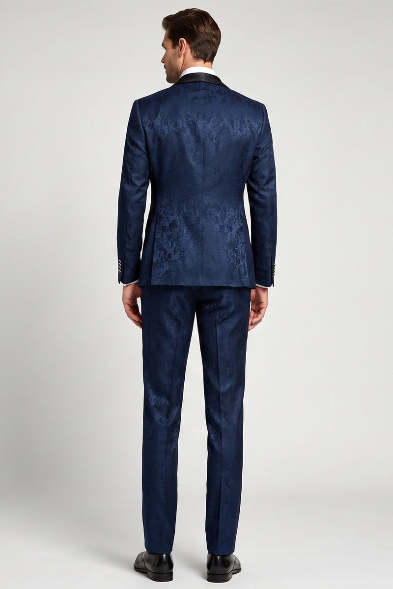 Laden Sie das Bild in den Galerie-Viewer, 3-teilige, marineblaue Jacquard-Satinschal-Revers einreihige Herrenabschlussballanzüge