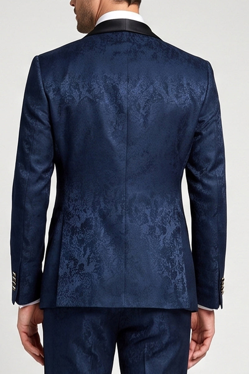 Laden Sie das Bild in den Galerie-Viewer, 3-teilige, marineblaue Jacquard-Satinschal-Revers einreihige Herrenabschlussballanzüge