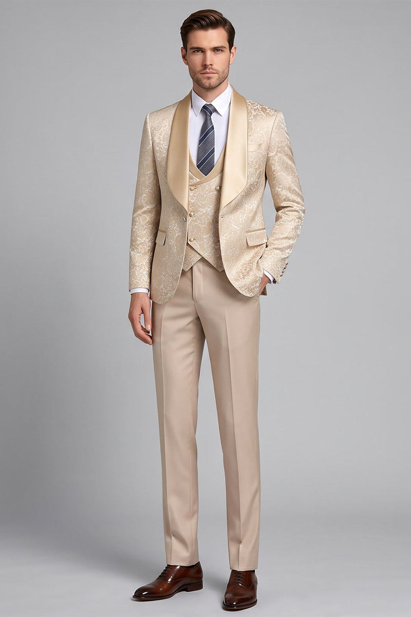 Laden Sie das Bild in den Galerie-Viewer, Champagner 3-teilige Jacquard Satin Schal Revers Herrenabschlussballanzüge