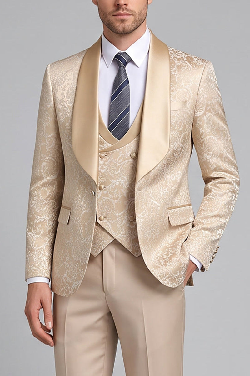 Laden Sie das Bild in den Galerie-Viewer, Champagner 3-teilige Jacquard Satin Schal Revers Herrenabschlussballanzüge