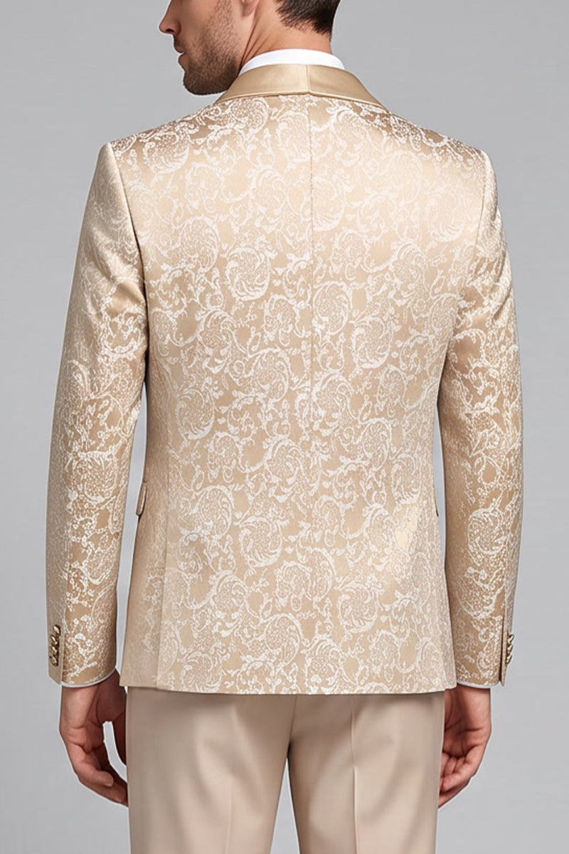 Laden Sie das Bild in den Galerie-Viewer, Champagner 3-teilige Jacquard Satin Schal Revers Herrenabschlussballanzüge