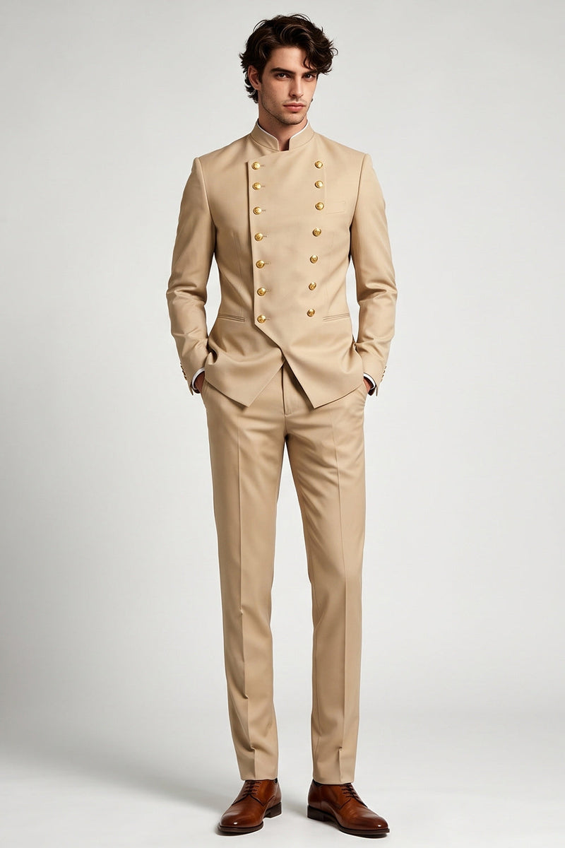 Laden Sie das Bild in den Galerie-Viewer, Khaki-Mandarinkragen-Doppelreihige zweiteilige Herrenabschlussballanzüge