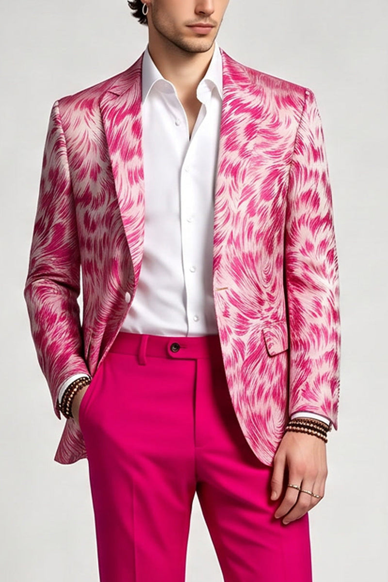 Laden Sie das Bild in den Galerie-Viewer, 2-teilige Fuchsia Notch Revers einreihige bedruckte Herrenabschlussballanzüge