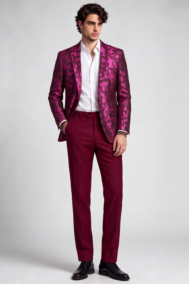 Laden Sie das Bild in den Galerie-Viewer, 2-teilige Fuchsia Notch Revers einreihige bedruckte Herrenabschlussballanzüge