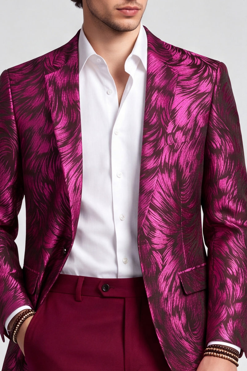 Laden Sie das Bild in den Galerie-Viewer, 2-teilige Fuchsia Notch Revers einreihige bedruckte Herrenabschlussballanzüge