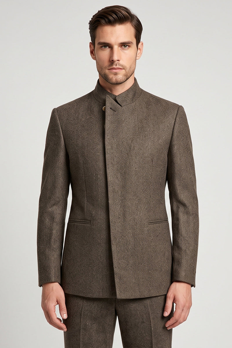 Laden Sie das Bild in den Galerie-Viewer, Brauner Slim Fit Herren-Abschlussball-Blazer mit Stehkragen