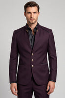 Laden Sie das Bild in den Galerie-Viewer, Claret einreihiger Herren-Abschlussball-Blazer mit Stehkragen