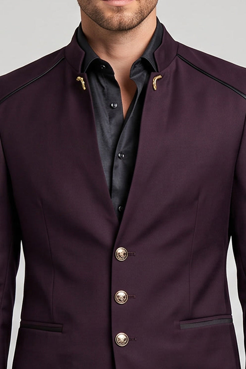 Laden Sie das Bild in den Galerie-Viewer, Claret einreihiger Herren-Abschlussball-Blazer mit Stehkragen