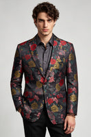 Laden Sie das Bild in den Galerie-Viewer, Schwarzer und roter Blumenblazer mit einreihiger Notch-Notch-Abschlussball-Blazer