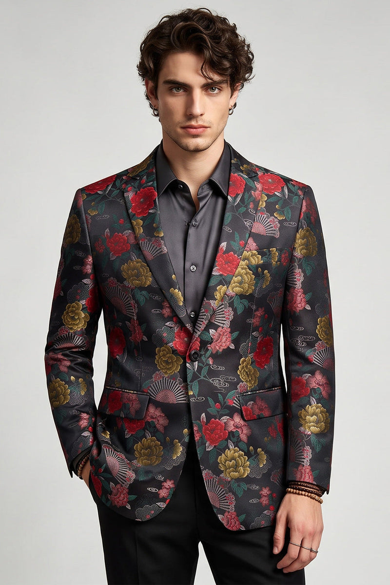 Laden Sie das Bild in den Galerie-Viewer, Schwarzer und roter Blumenblazer mit einreihiger Notch-Notch-Abschlussball-Blazer