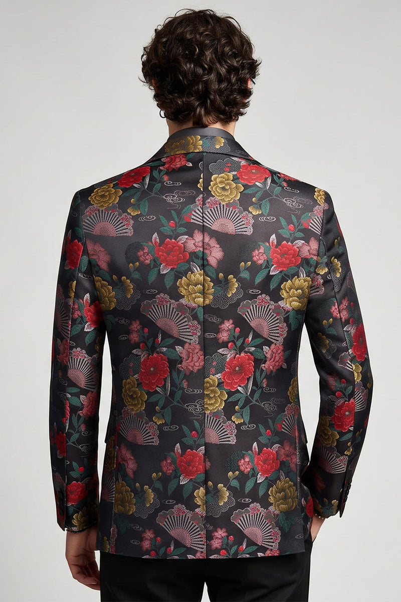 Laden Sie das Bild in den Galerie-Viewer, Schwarzer und roter Blumenblazer mit einreihiger Notch-Notch-Abschlussball-Blazer