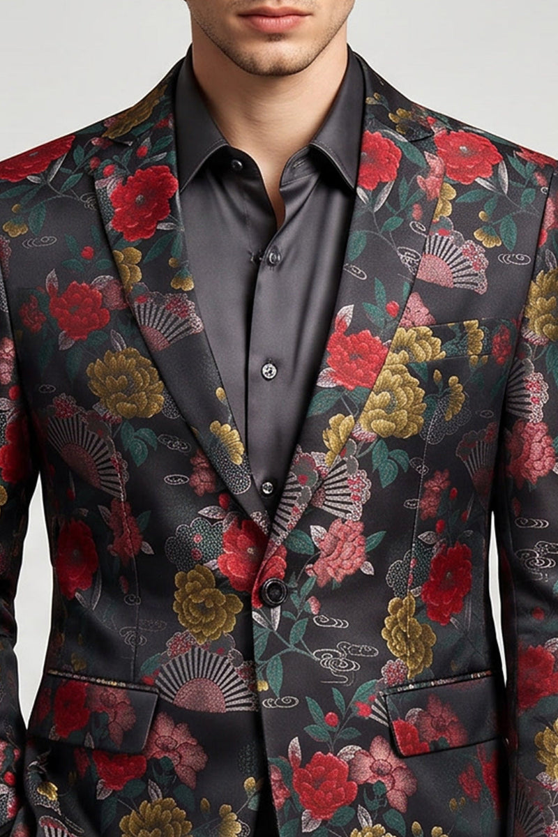 Laden Sie das Bild in den Galerie-Viewer, Schwarzer und roter Blumenblazer mit einreihiger Notch-Notch-Abschlussball-Blazer