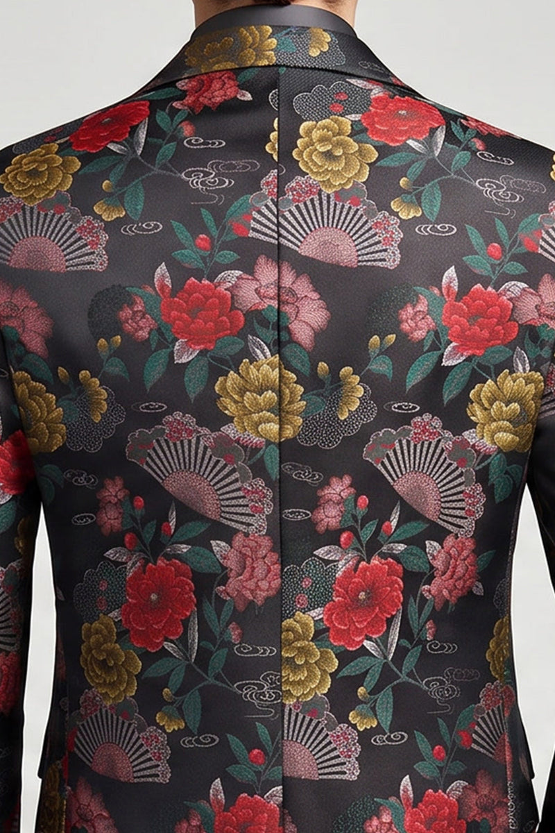 Laden Sie das Bild in den Galerie-Viewer, Schwarzer und roter Blumenblazer mit einreihiger Notch-Notch-Abschlussball-Blazer
