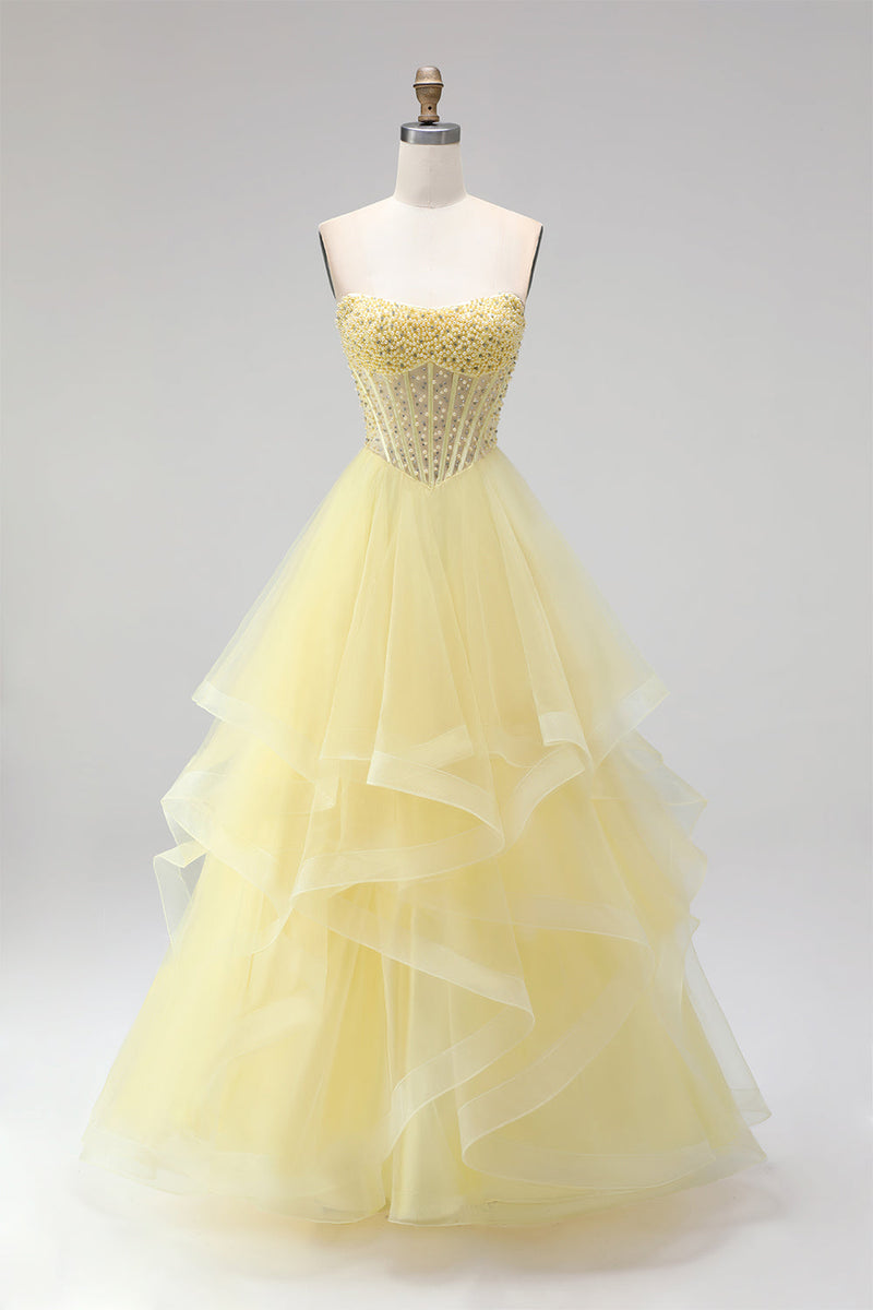 Laden Sie das Bild in den Galerie-Viewer, Gelbes Ballkleid Korsett Trägerloses Perlen Langes Abschlussballkleid mit Rüschen