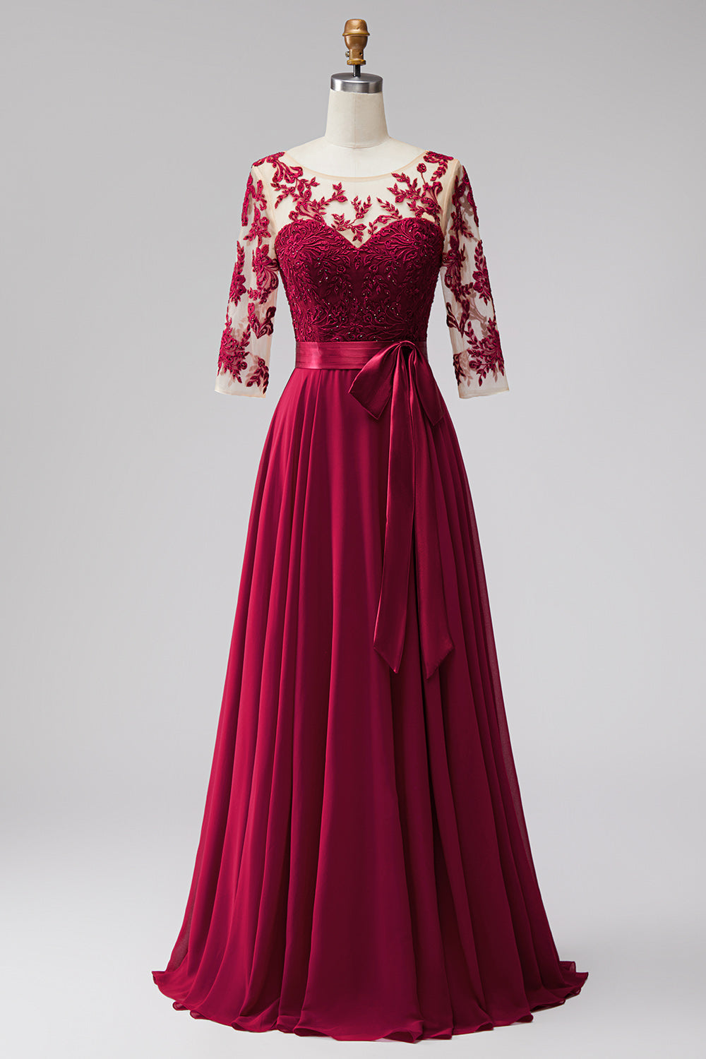 Bordeaux Illusionseffekt Applikationen Chiffon Perlenbesatz A-Linien Langes Abendkleid mit Dreiviertelärmel