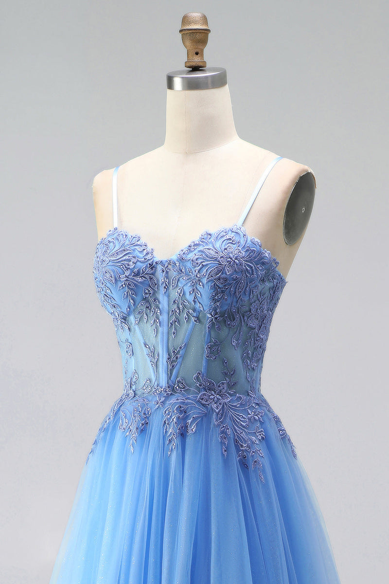 Laden Sie das Bild in den Galerie-Viewer, Blau A-Linien Tüll Corsage Perlenbesatz Applikationen Spaghettiträger Langes Abiballkleid mit Schlitz