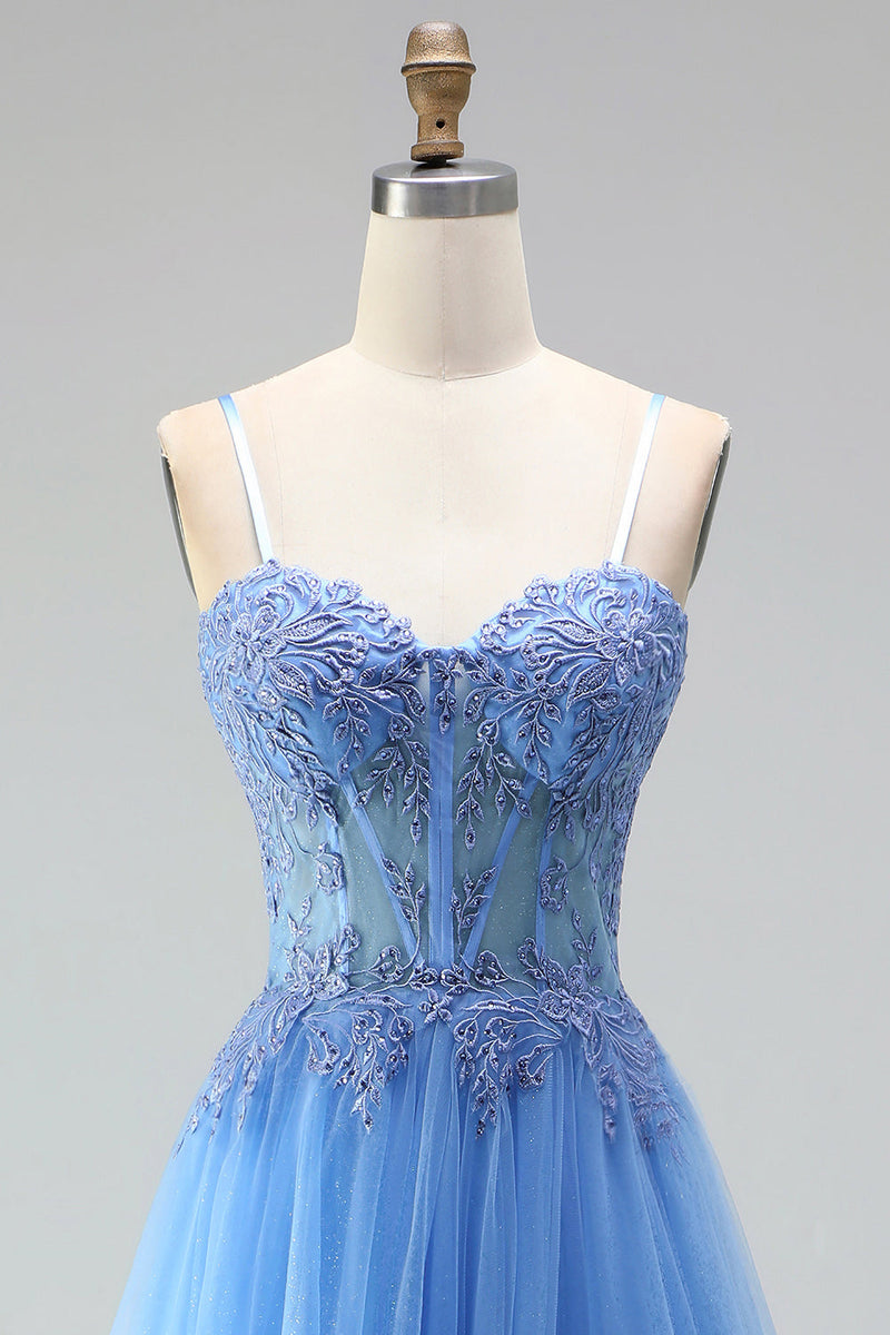 Laden Sie das Bild in den Galerie-Viewer, Blau A-Linien Tüll Corsage Perlenbesatz Applikationen Spaghettiträger Langes Abiballkleid mit Schlitz